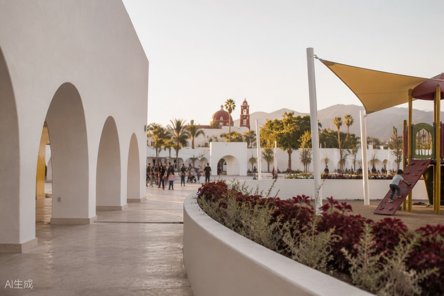 Plaza pública moderna y luminosa con familias caminando
