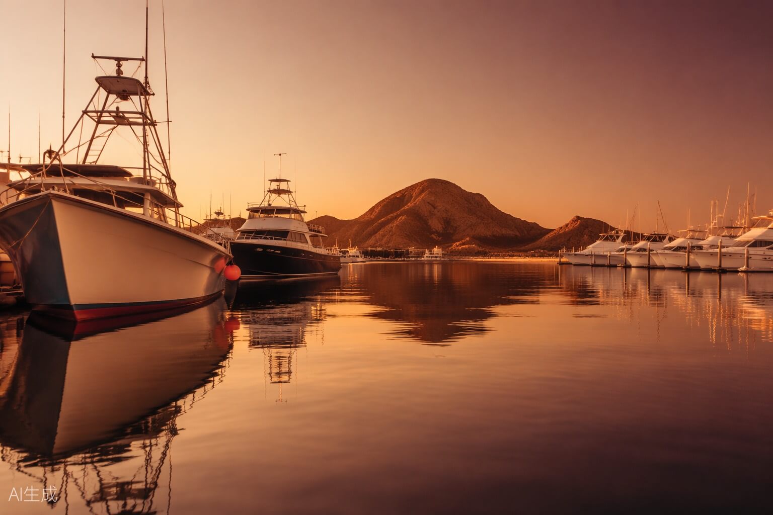 Marina con embarcaciones pesqueras y yates al atardecer en Los Cabos
