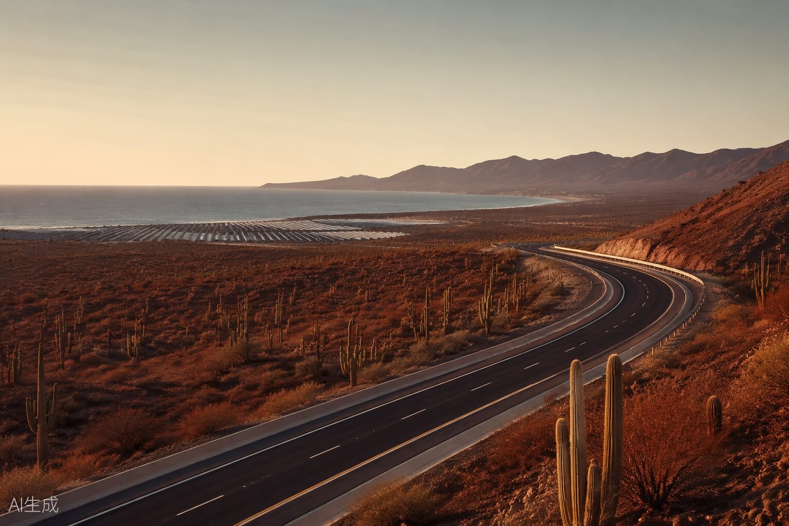 Carretera moderna que atraviesa el desierto de cardones hacia el mar